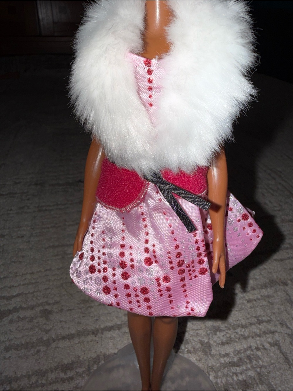 Barbie Mattel holiday Christmas dress faux white fur